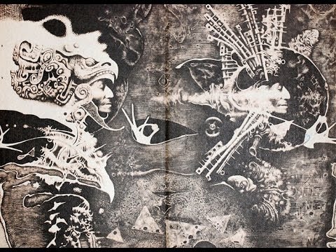 Графика: чёрно-белый разворот с двумя фигурами в головных уборах